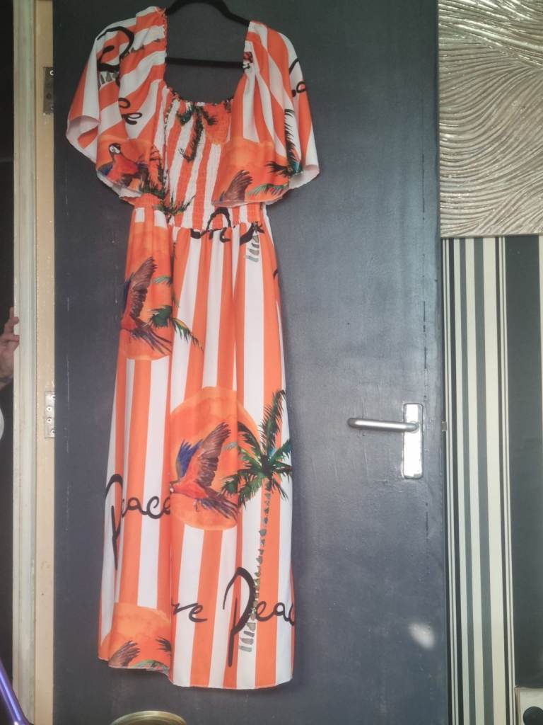 Women's Orange and White Striped Maxi Dress with Parrot Print