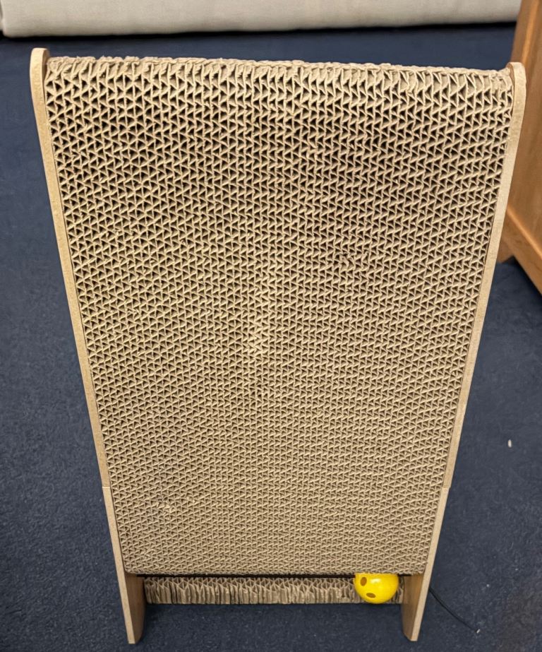 IKEA Utsadd cat house and L shaped layered cardboard cat scratching post