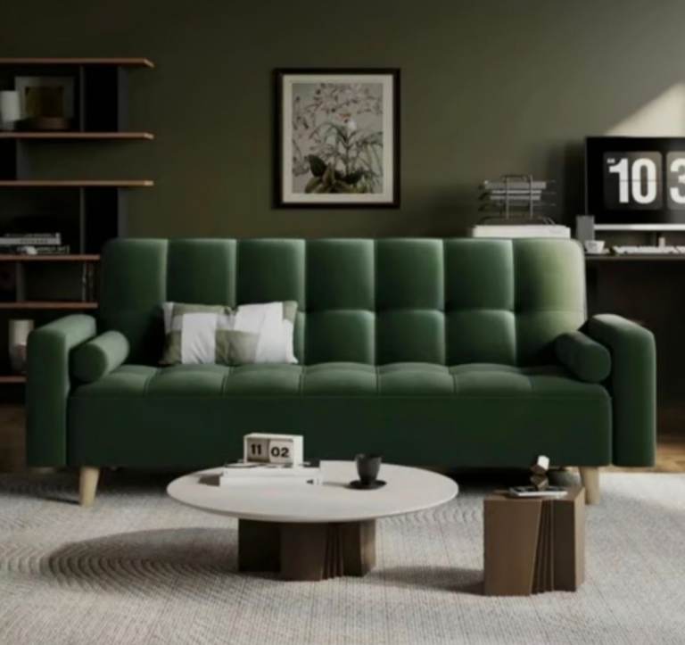 New 3-Seater Green Velvet Futon Sofa Bed Convertible Couch | Adjustable Back+Bolster Pillows | Sale