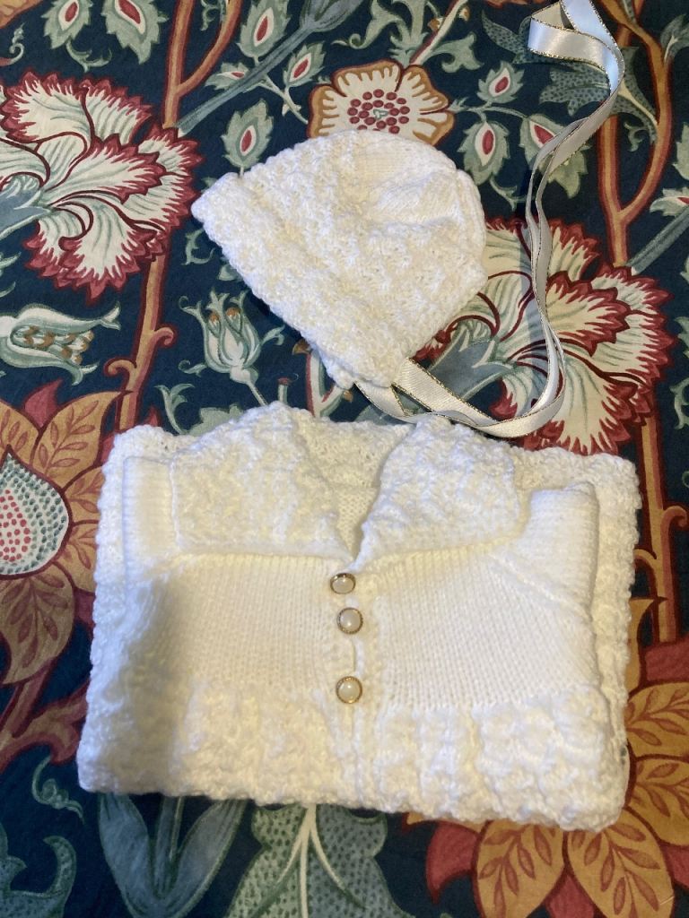 Beautiful White Knitted Baby Shawl, Cardigan & Bonnet Set – As Good As New