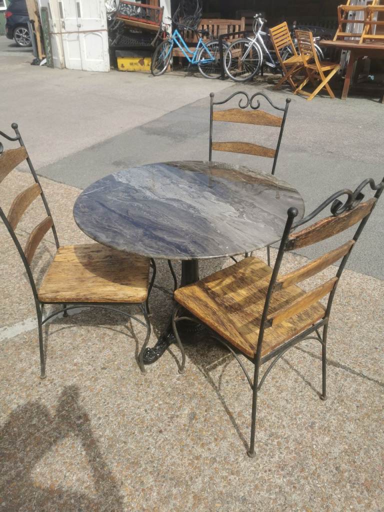 Garden Patio Table and 3 Chairs Set – Metal and Wood
