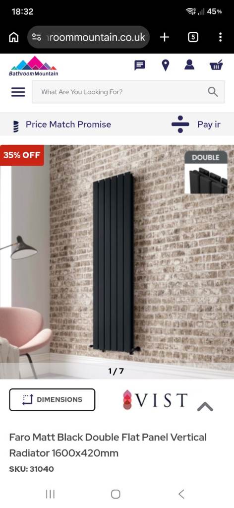 VIST Faro Matt Black Double Flat Panel Vertical Radiator 1600x420mm - New