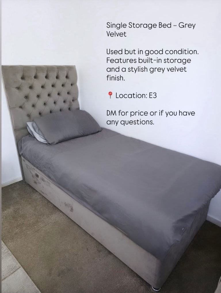 Single Storage Bed – Grey Velvet, Good Condition