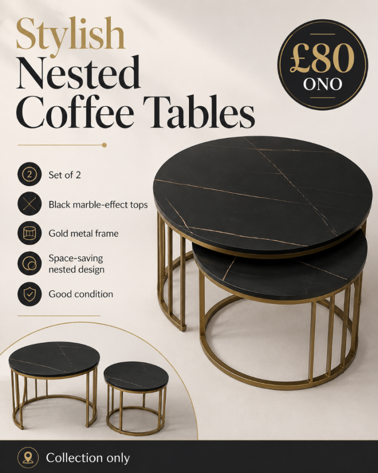 Stylish Nested Coffee Tables – Black Marble-Effect, Gold Frame