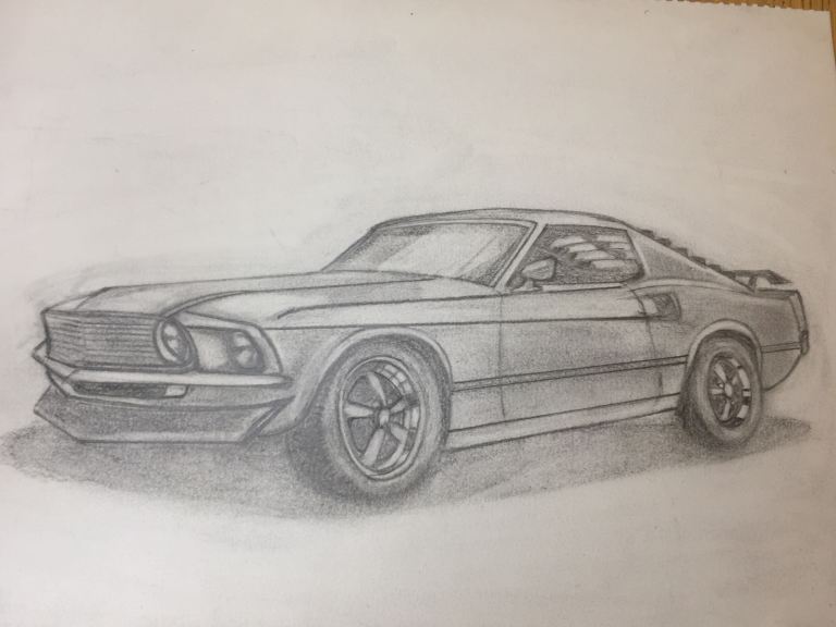 Realistic  painting 1969 Ford Mustang by Pedro Fernández 