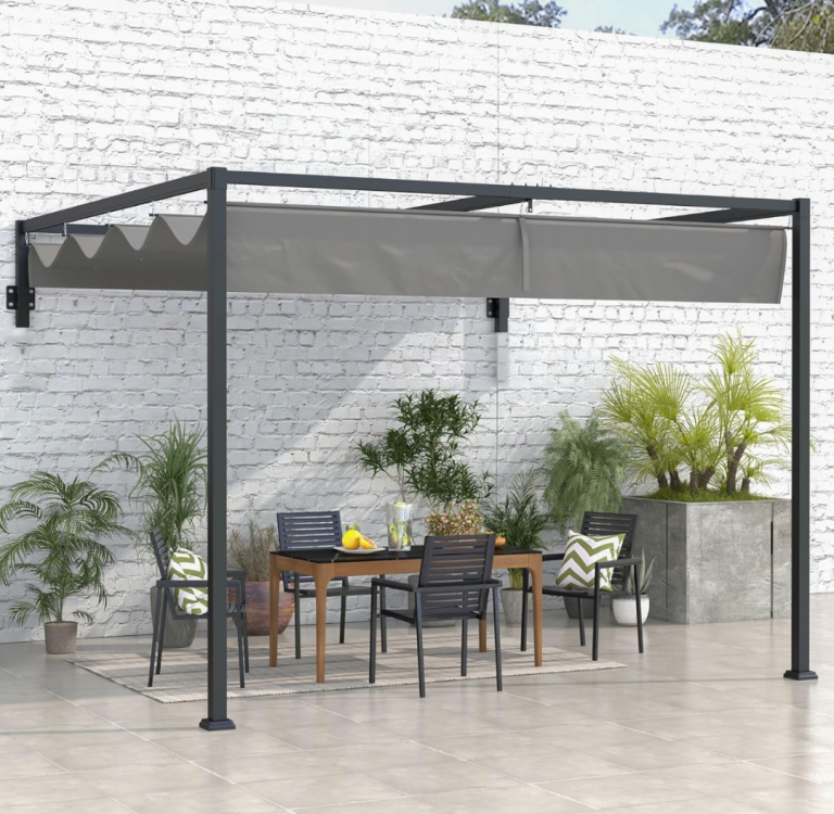 3x4m Lean To Pergola with Retractable Roof Wall Mounted Garden Gazebo Outdoor Sun Shade Shelter