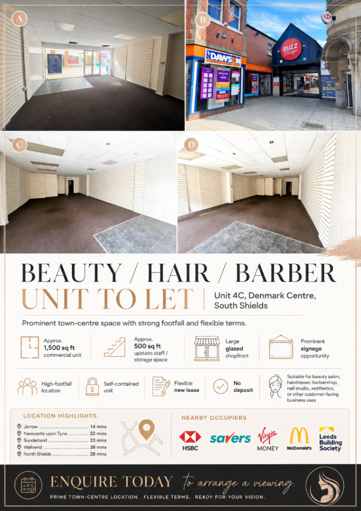 BEAUTY SALON / HAIRDRESSER / BARBER SHOP TO RENT – SOUTH SHIELDS – 1,500 SQ FT