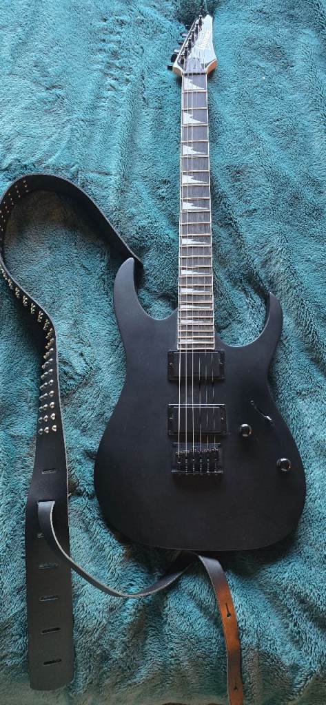 Ibanez black electric guitar & amp plus leather studded strap