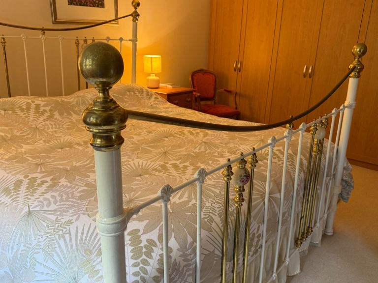 Superking Bed Frame – White Metal & Brass, Good Condition