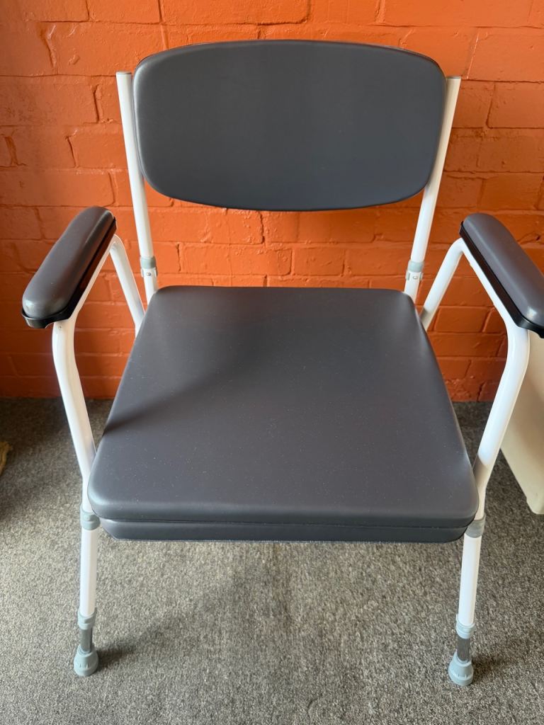 Comfort Commode Chair with Padded Seat, Arms & Backrest, Height Adjustable, Grey & White
