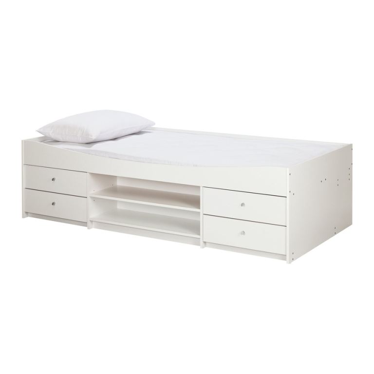 White Single Bed Frame with Storage Drawers and Shelves