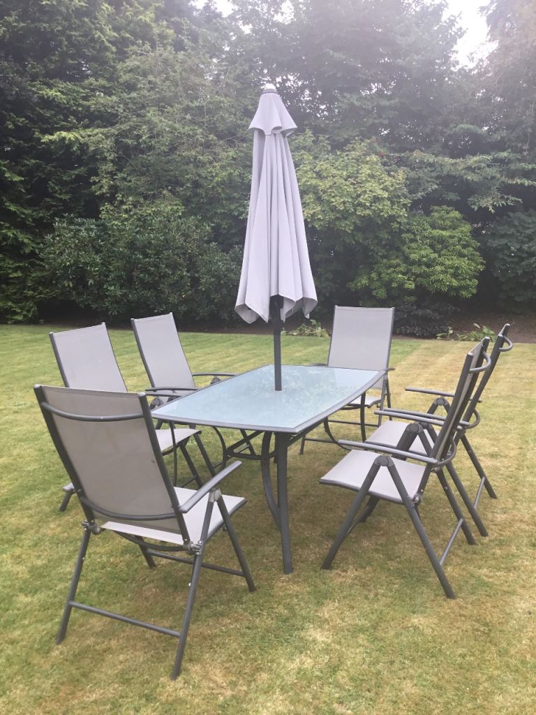 Grey Garden Dining Set with Glass Table, 6 Chairs & Parasol