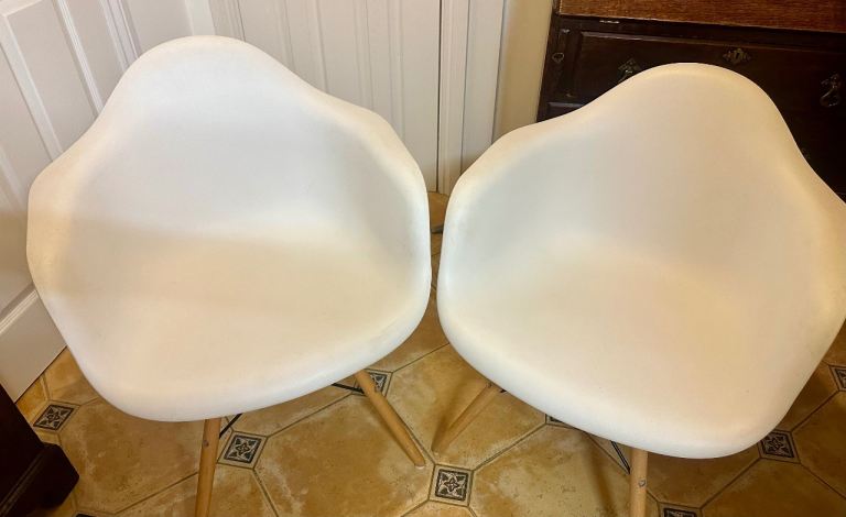 Pair of Eames style chairs white with beech legs 