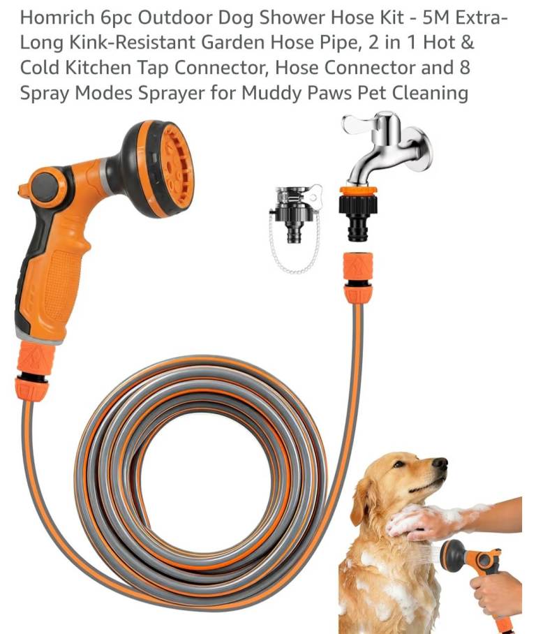 Dog shower with inside tap connectors for hot and cold water. Shower head. 