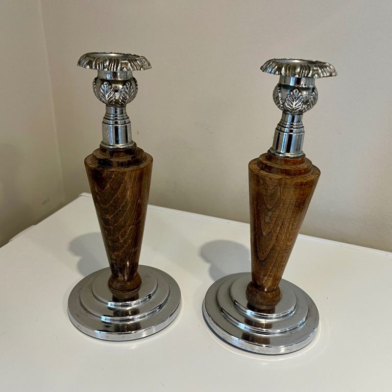 Vintage Art Deco Oak & Chrome Candlesticks Pair