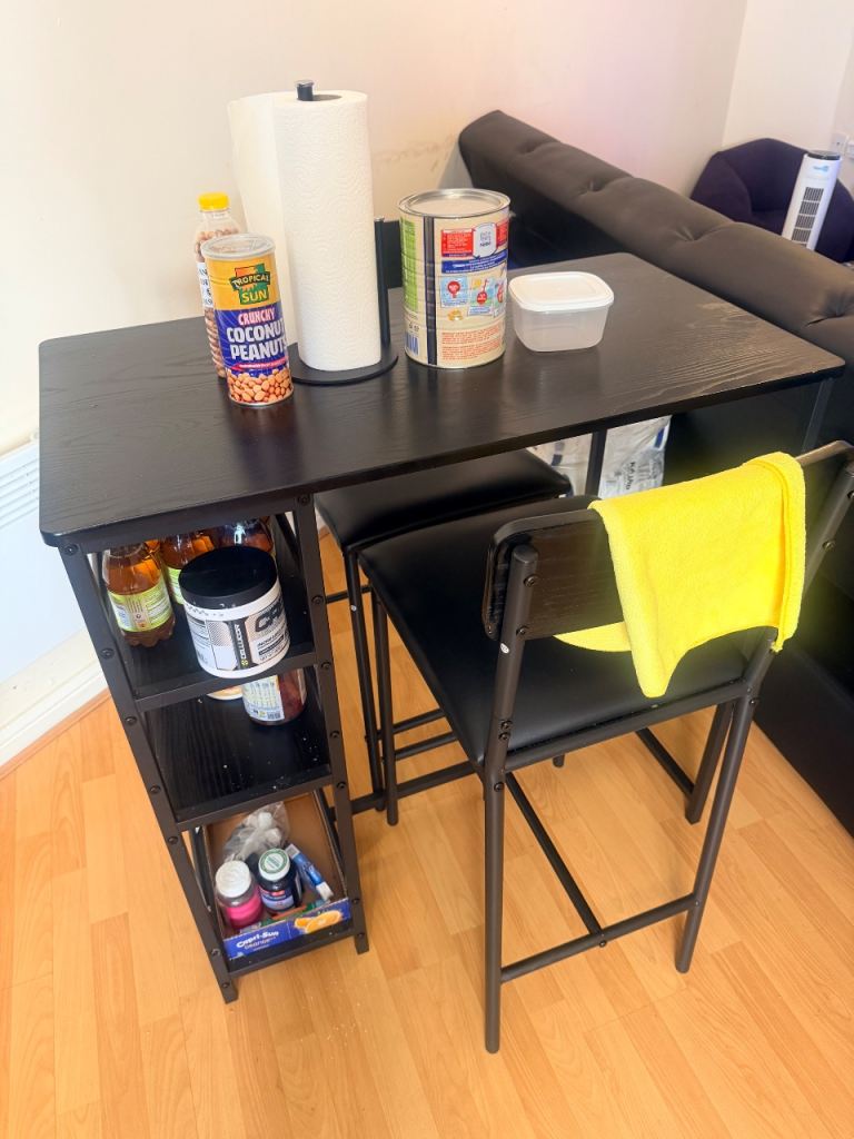 Black Breakfast Bar Table with Two Stools – Good Condition