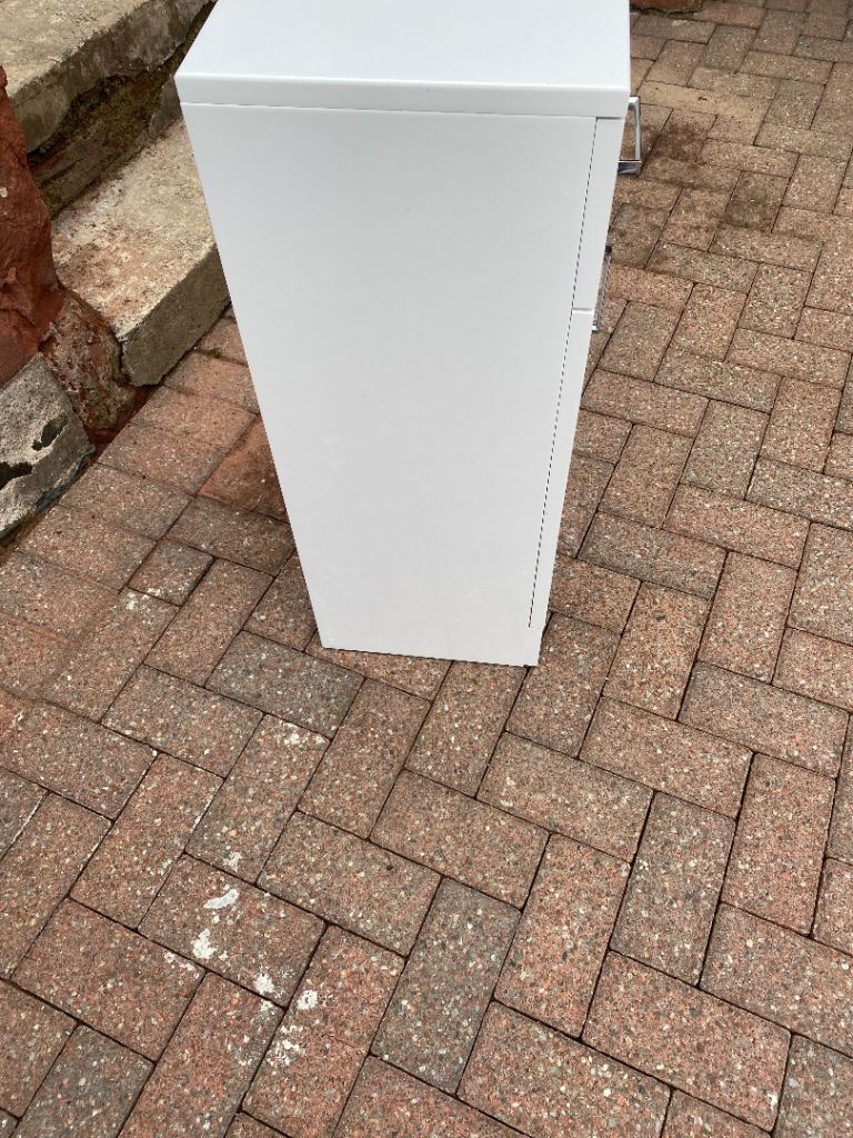 Glossy white bathroom cabinet.