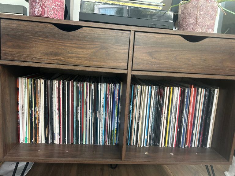 Brown wood vinyl record storage cabinet