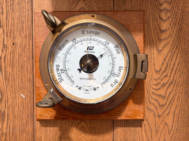 Plastimo Vintage Brass Porthole Barometer on Wooden Plaque – Good Condition