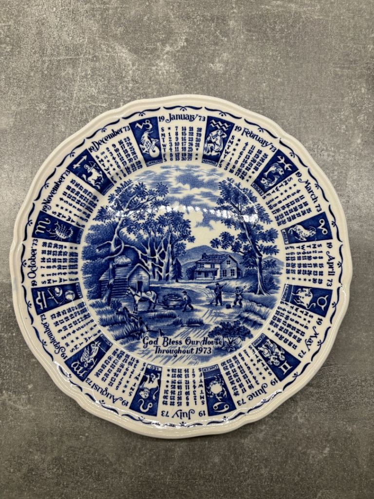 Alfred Meakin Staffordshire Blue & White Zodiac God Bless our House Throughout 1973 Calendar Plate