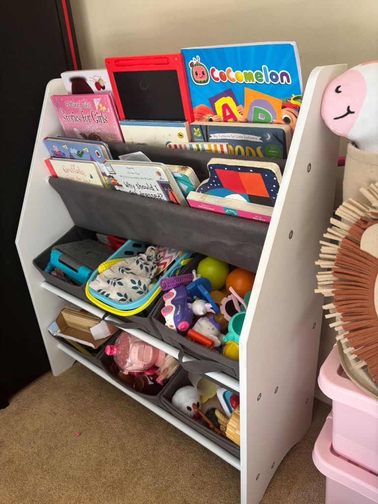 Kids White Bookcase with Grey Fabric Storage
