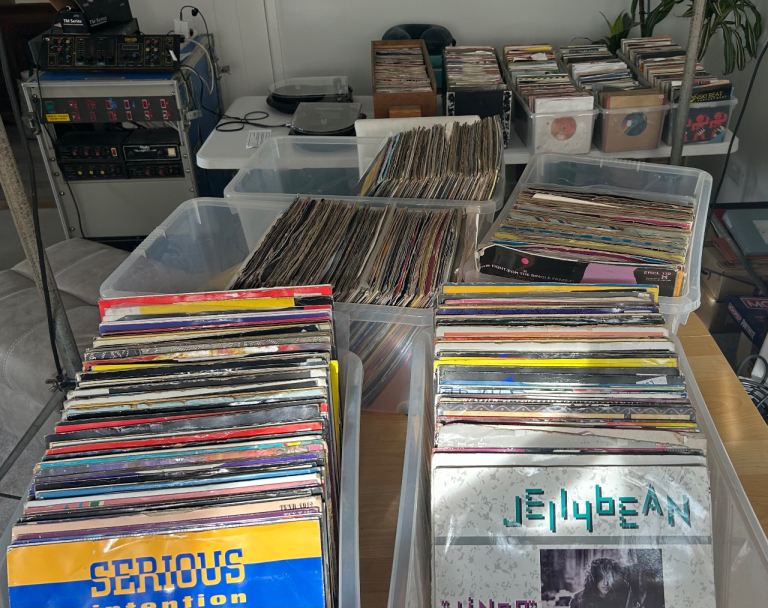 70-90 Dj vinyl collection and working flight cased mixer, amp, speakers