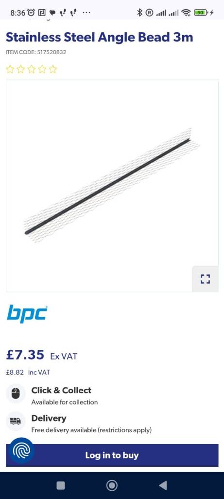 Stainless steel rendering angle bead 3 metres X 9