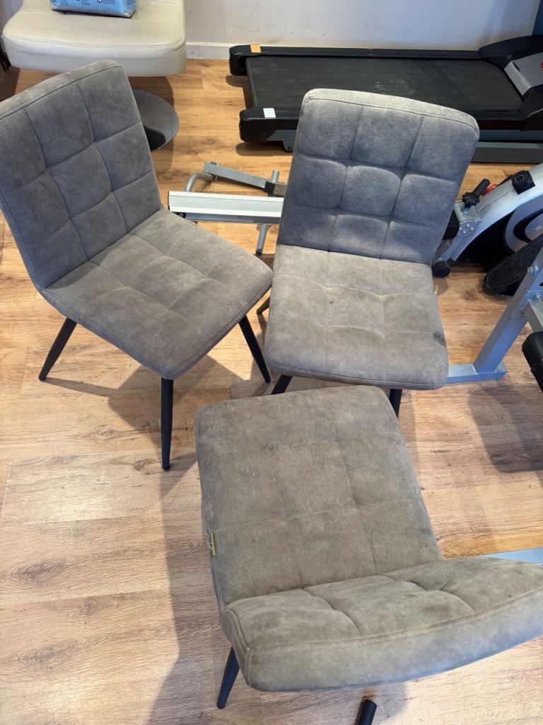 Three Grey Fabric Dining Chairs – Good Condition