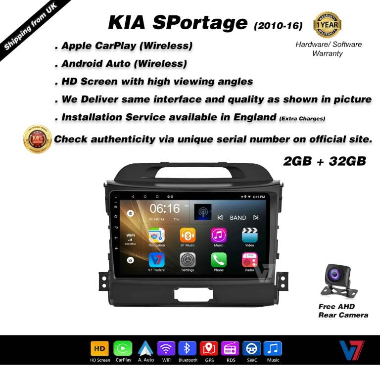 Sportage 2010-16 CARPLAY Android Auto HD Screen Head Unit GPS Stereo LCD Panel V7