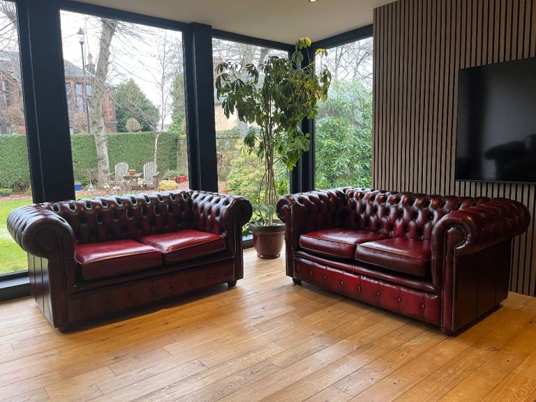 2 Leather Chesterfield Roll Top Sofas Set