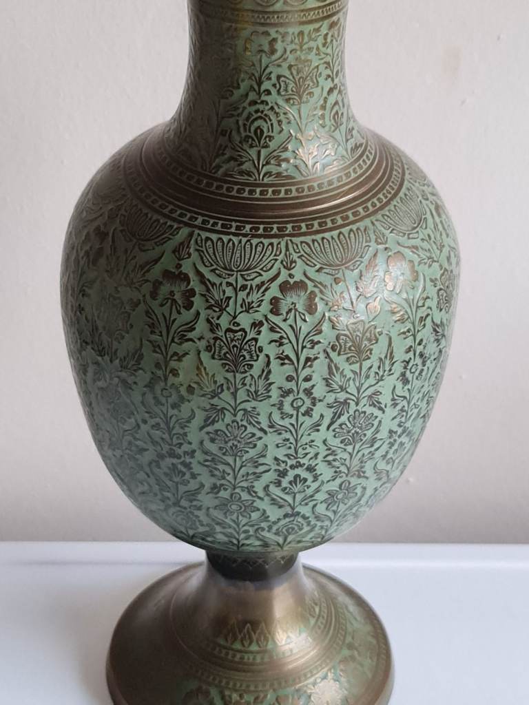 Vintage Niello Green Enamel & Brass Pot Vase