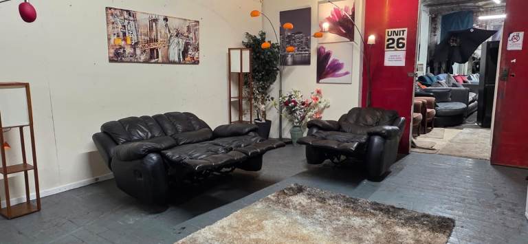 Black Leather 2 Seater Recliner Sofa + Recliner Armchair