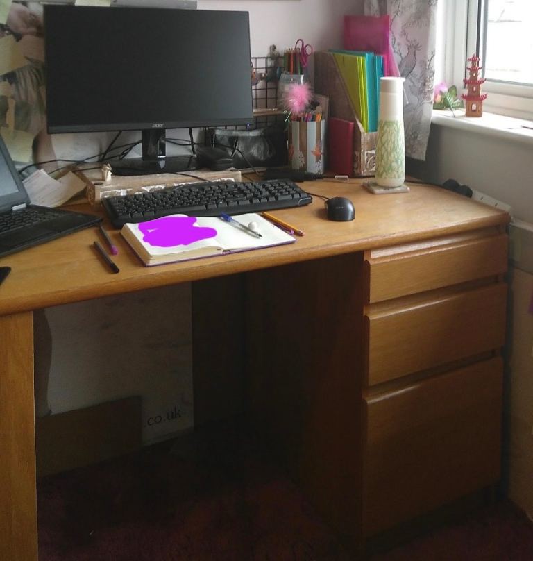 Free office desk with built-in drawers and bookcase