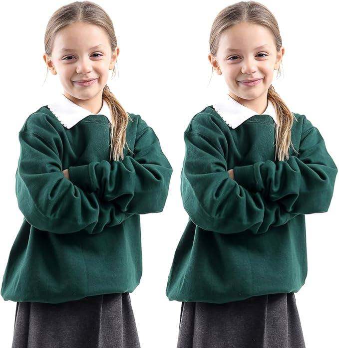Pack of 2 School Jumpers Kids Long Sleeve Fleece Unisex Round Neck, for boys and girls, Green