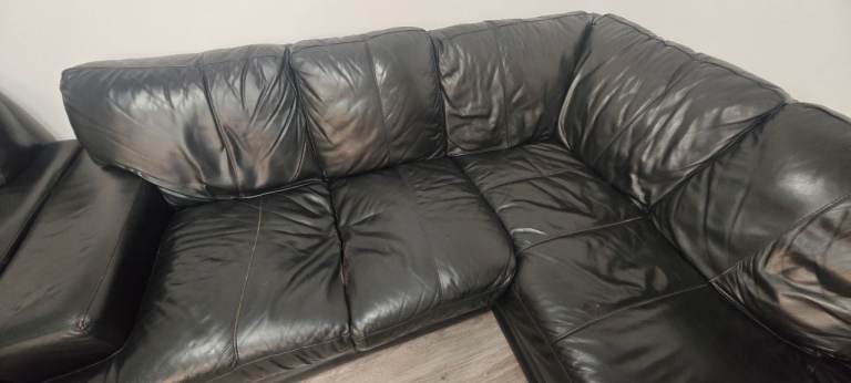 Real Leather Corner Sofa, 2 Seater + 1 Seater Black Leather Sofa