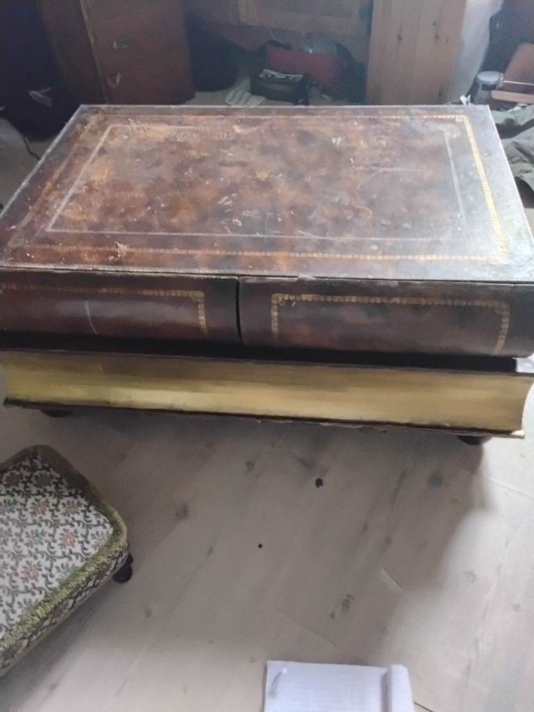 Leather stacked books 2 drawers  table authentic 1980s  made&small3 stack of books  drawers