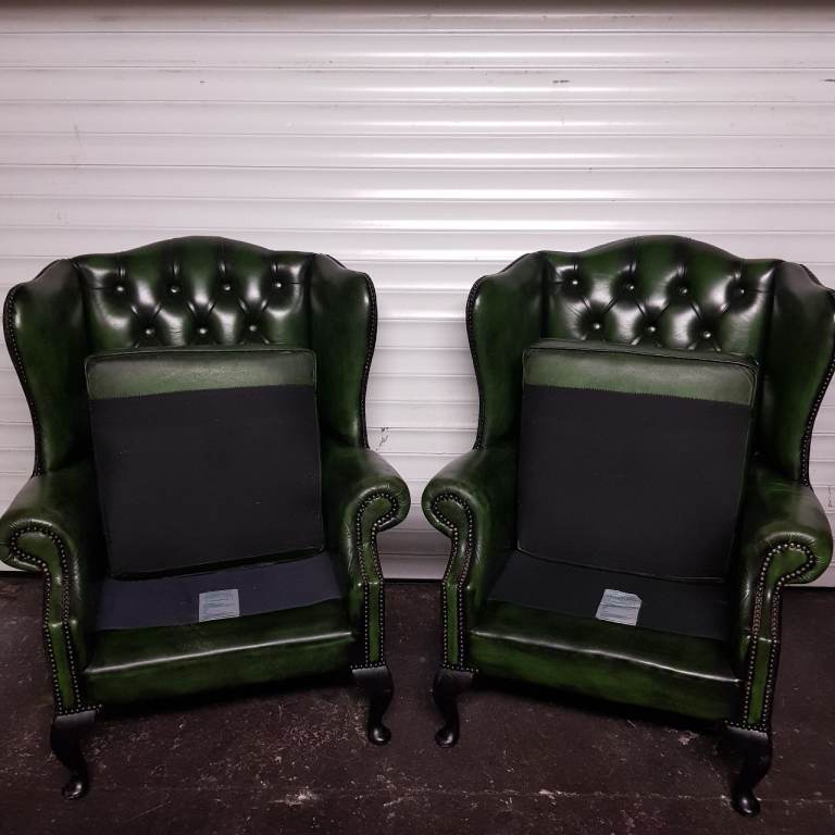 MATCHING Pair Green Leather QUEEN ANNE Chesterfield Wingback arm chairs -FAB