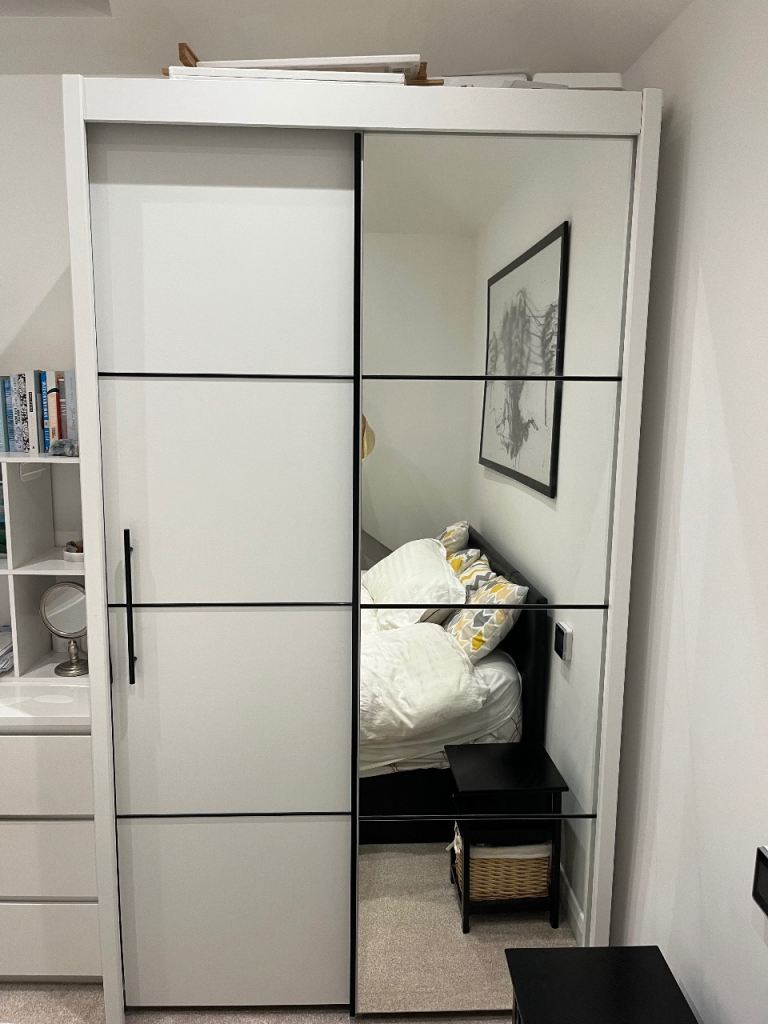 Modern 120cm White & Mirror Sliding Wardrobe - 215cm High