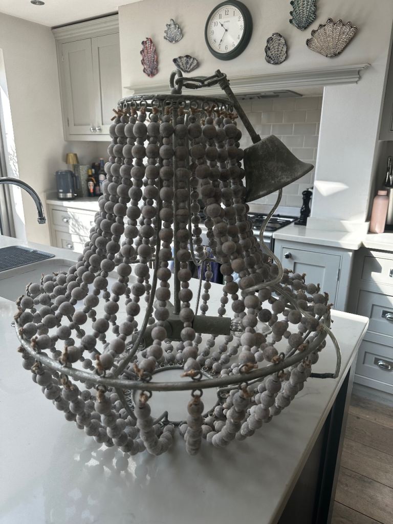 Large Grey Wooden Beaded Chandelier Pendant Light