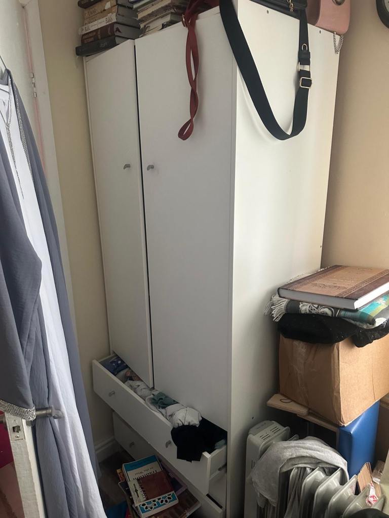 White Wooden Wardrobe with Drawers – Good Condition