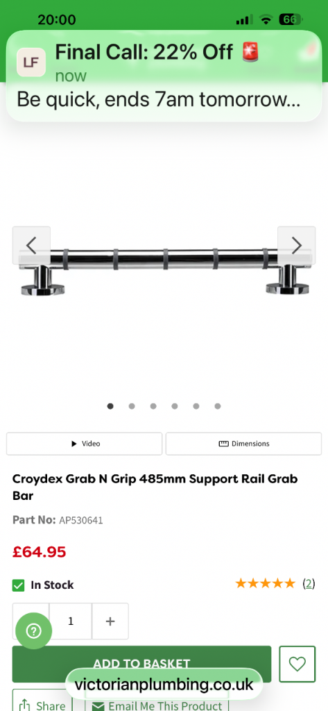 Croydex Grab N Grip Support Rail Grab Bar - Chrome Finish