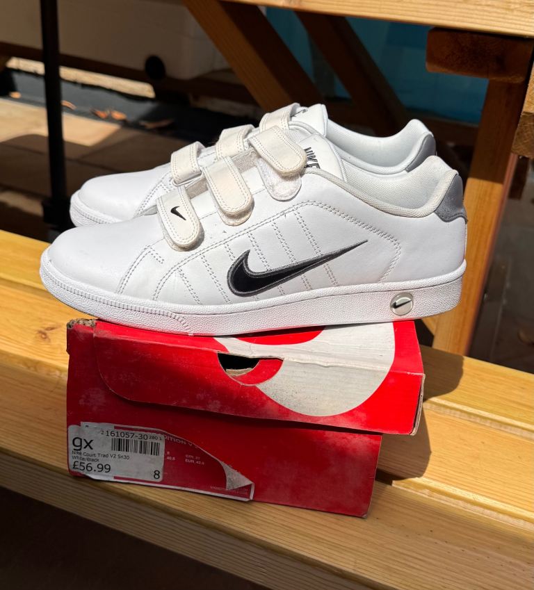 SOLD New Nike White Leather Trainers with Velcro Straps - Size 8