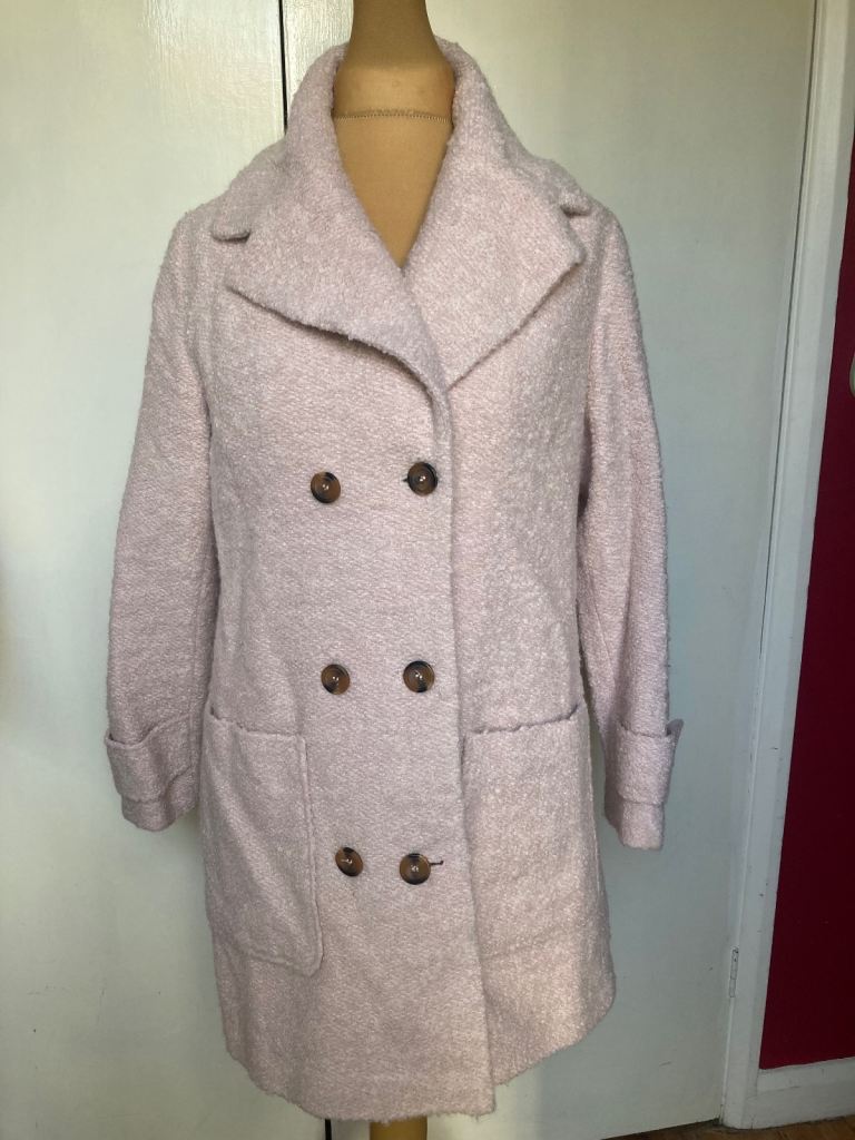 M&S Per Una Double Breasted Boucle Coat Pink Italian Wool Alpaca blend.  Dusted pink. Size 14.