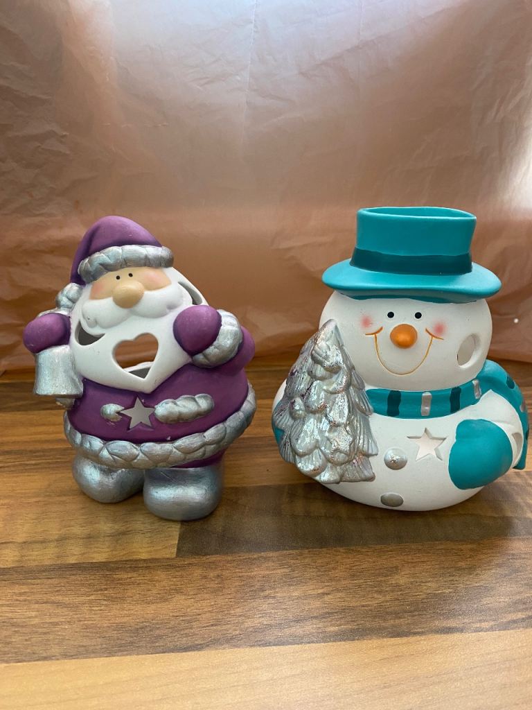 Christmas Santa and Snowman Ceramic Candle Holders