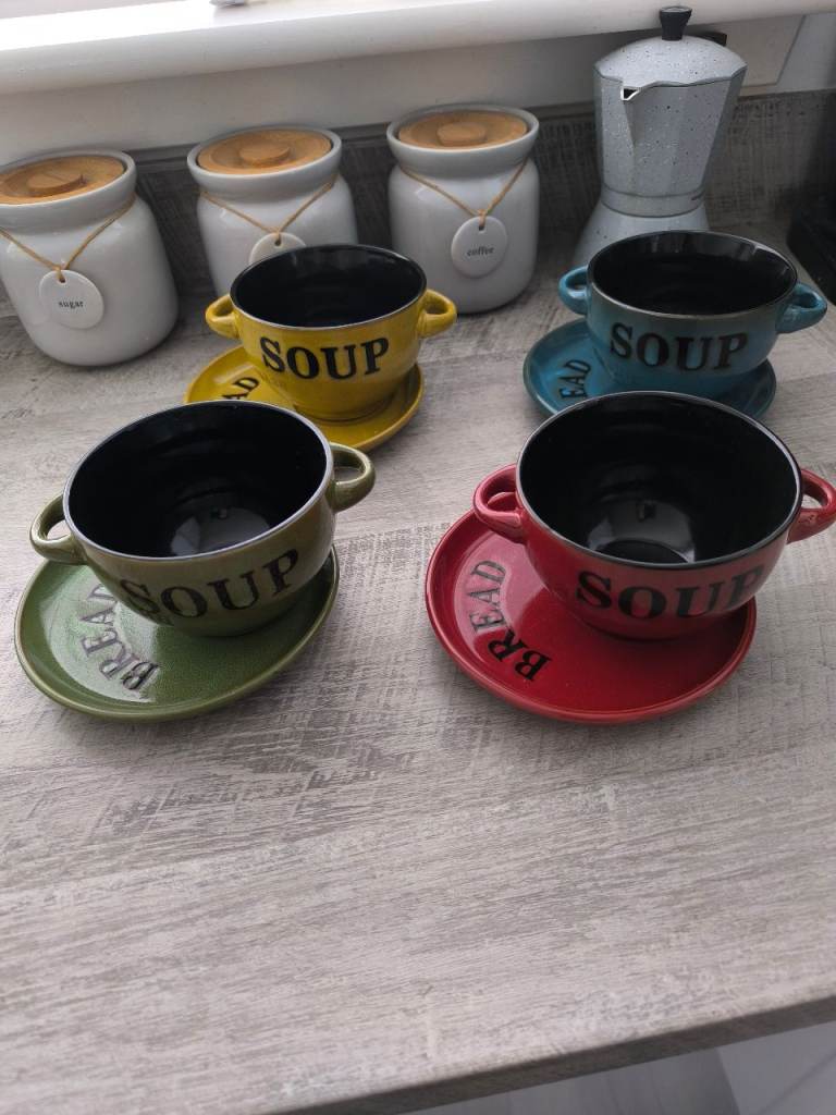 Set of 4 Soup Bowls with bread plates- Multicoloured Ceramic