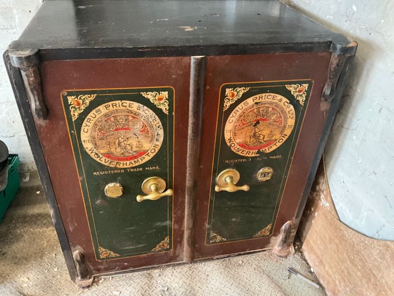 Vintage 1890s Cyrus Price & Co Ltd Lockable Metal Safe Cabinet 2 Doors 2 Drawers Brown/Green
