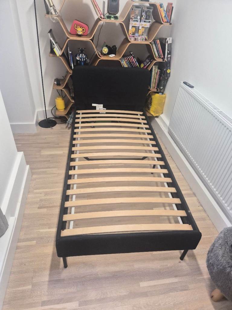 IKEA Single Bed Frame with Slats – Black Fabric, As Good As New