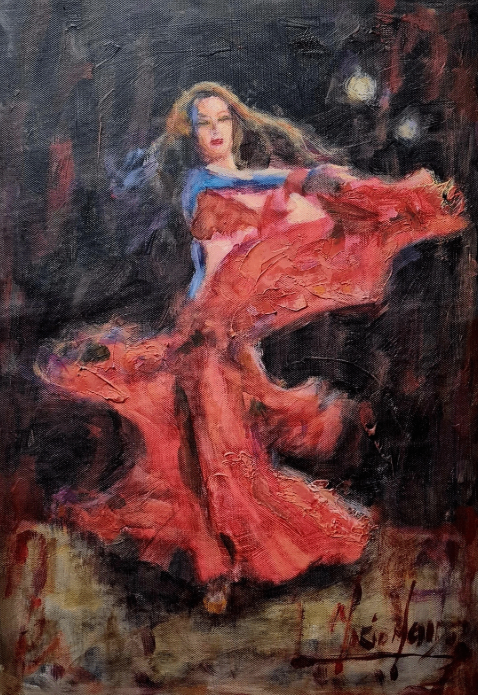 Original Mario Mendoza belly dancer Flamenco Spanish dress Oil Painting arabian
