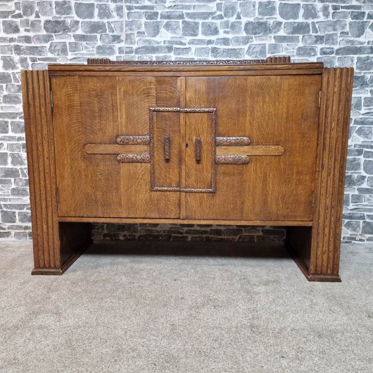 Antique English Art Deco Oak Sideboard Cabinet by Scottish Co-operative Wholesale Society c.1930s