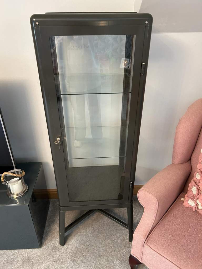 Grey Metal Display Cabinet with Glass Shelves